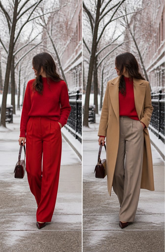 A bright red sweater paired with muted pants.