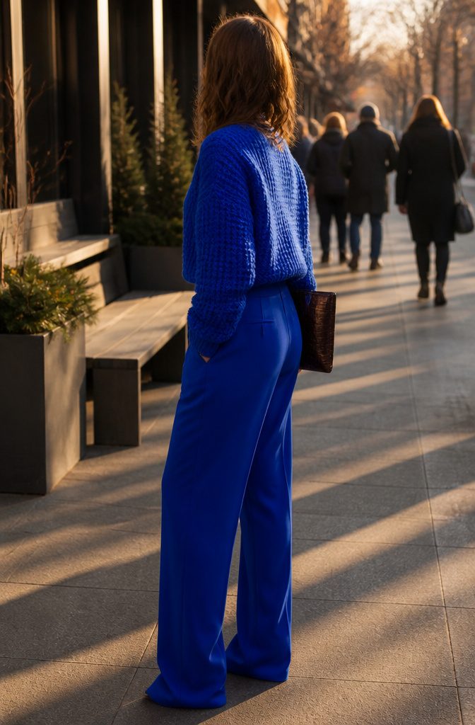 A stylish woman in a cobalt sweater and matching trousers.