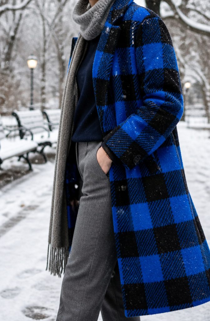 A plaid coat with bright blue and black patterns.