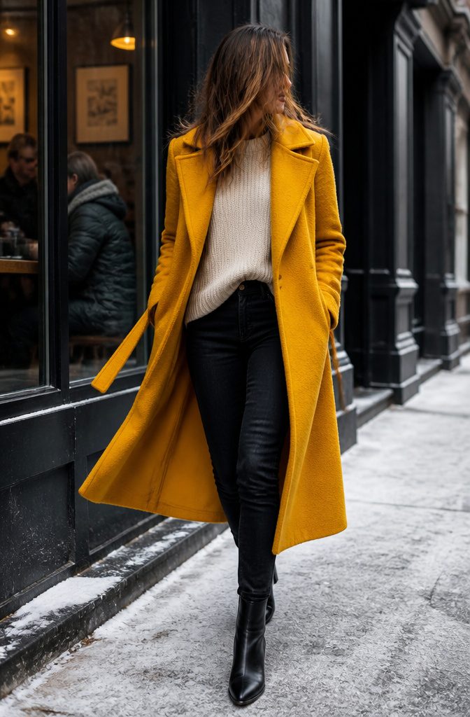A mustard wool coat worn over neutral clothing.