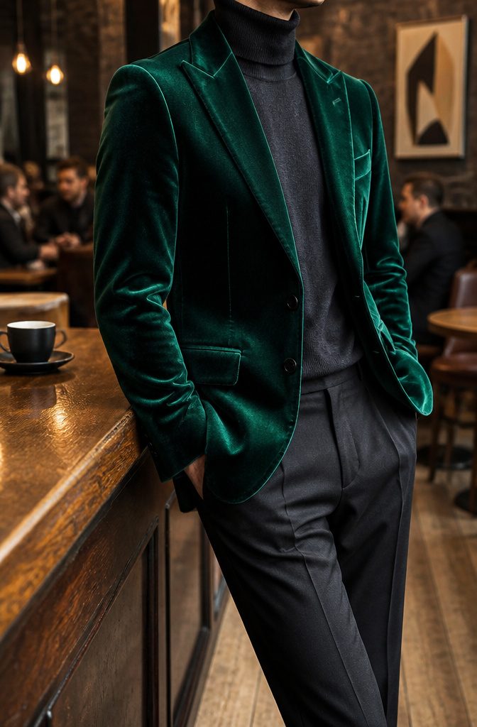 An emerald velvet blazer worn over a wool turtleneck.