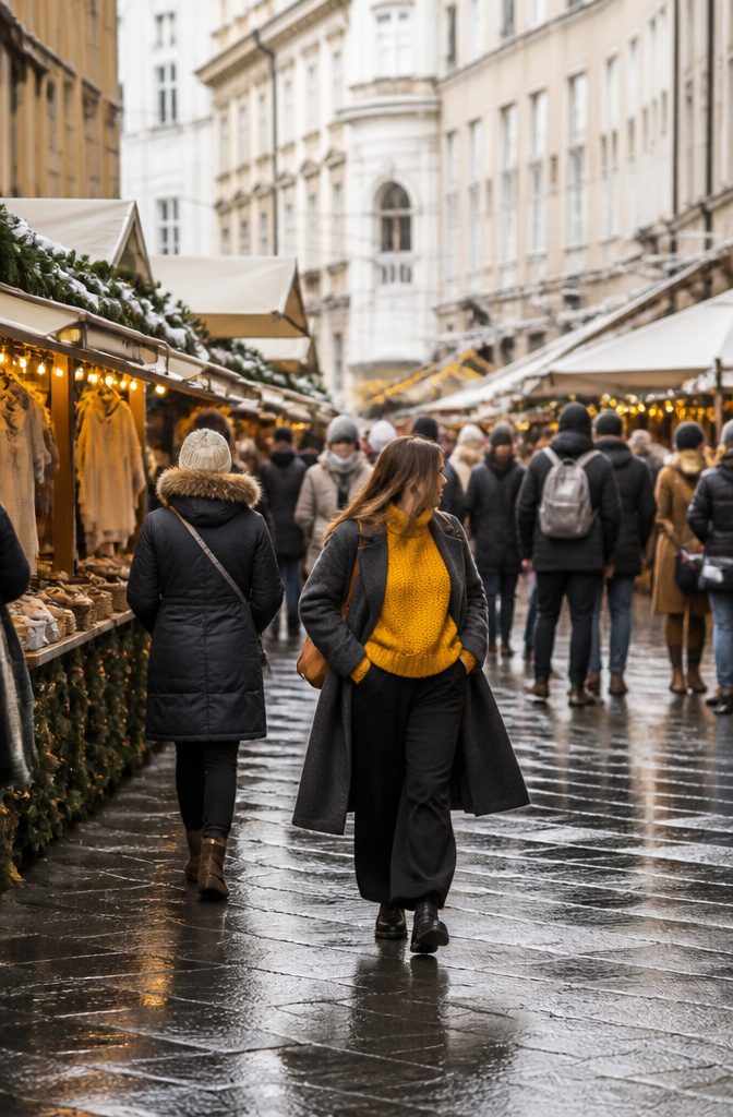 A winter scene showing a person in bright colors.