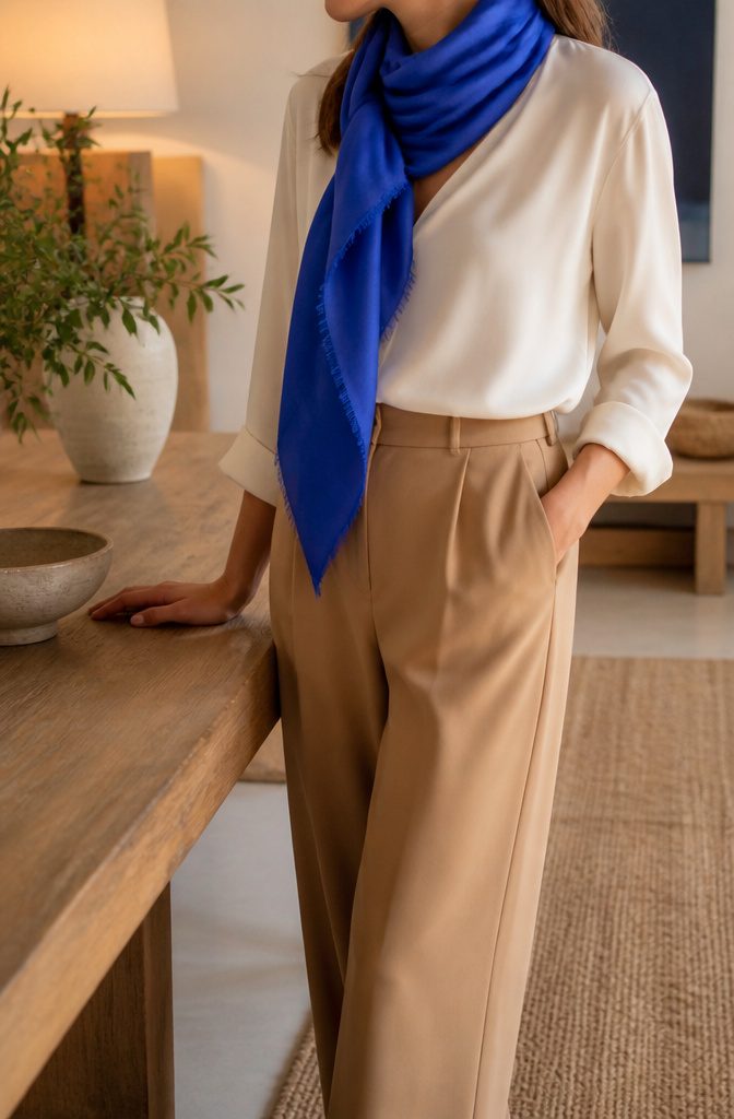 How to Wear Neutrals With Bright Colors: 9 Fresh Style Ideas for 2026 2 Model in an ivory silk blouse, camel wool trousers, and a cobalt scarf.