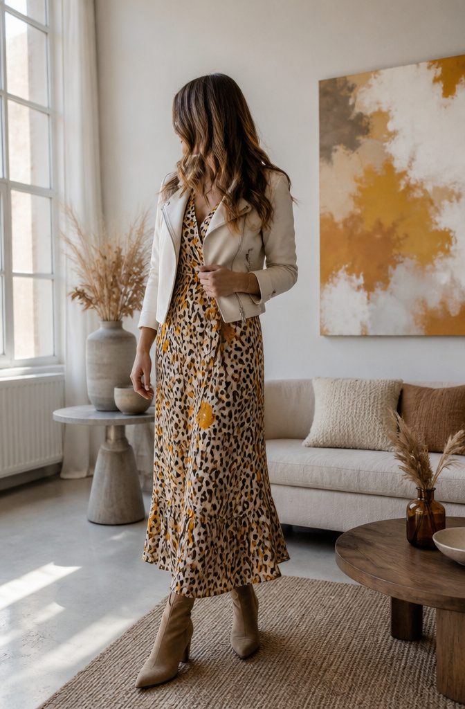 How to Wear Neutrals With Bright Colors: 9 Fresh Style Ideas for 2026 4 Model in a beige leopard print dress with hints of ochre.