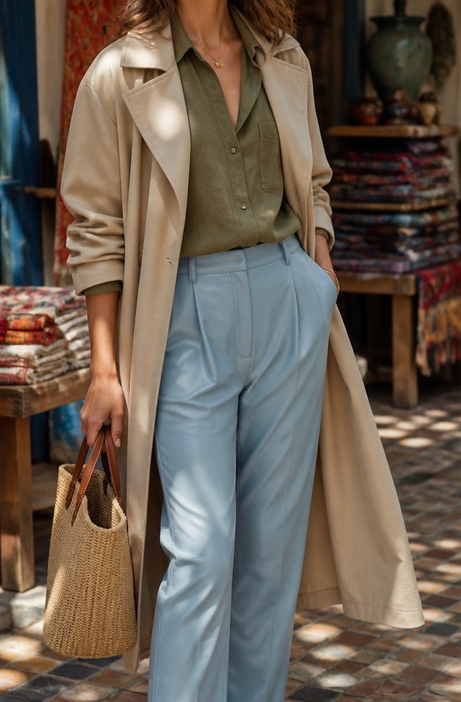 How to Wear Neutrals With Bright Colors: 9 Fresh Style Ideas for 2026 8 Model wearing an olive shirt with light blue trousers and a beige trench coat.