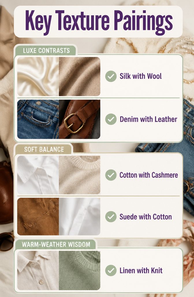 How to Wear Neutrals With Bright Colors: 9 Fresh Style Ideas for 2026 13 List of key texture pairings in fashion displayed visually.