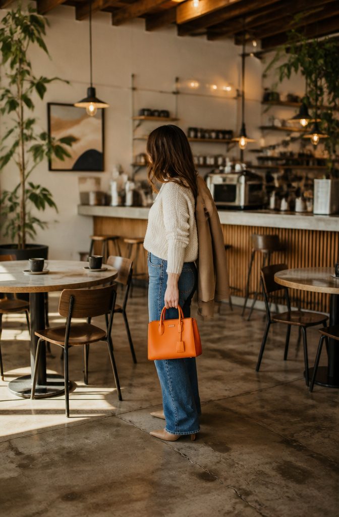 How to Wear Neutrals With Bright Colors: 9 Fresh Style Ideas for 2026 6 Model wearing medium-wash jeans with a bright top and accessories.
