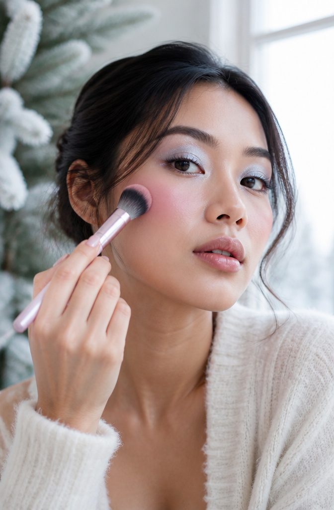 Model with rosy blush on her cheeks and nose for a winter look.