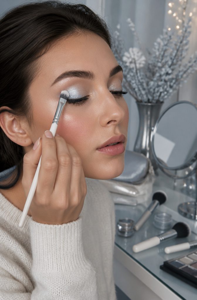 Model applying icy white eyeshadow to the center of the eyelid.