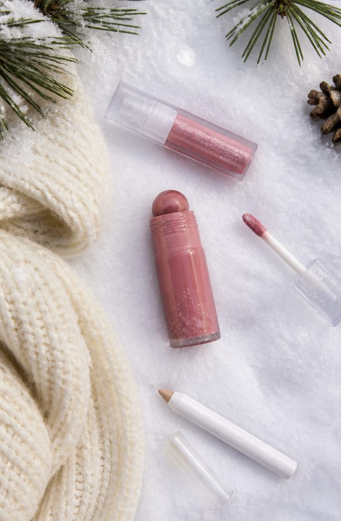 Cream blush and lip gloss products arranged for icy makeup.