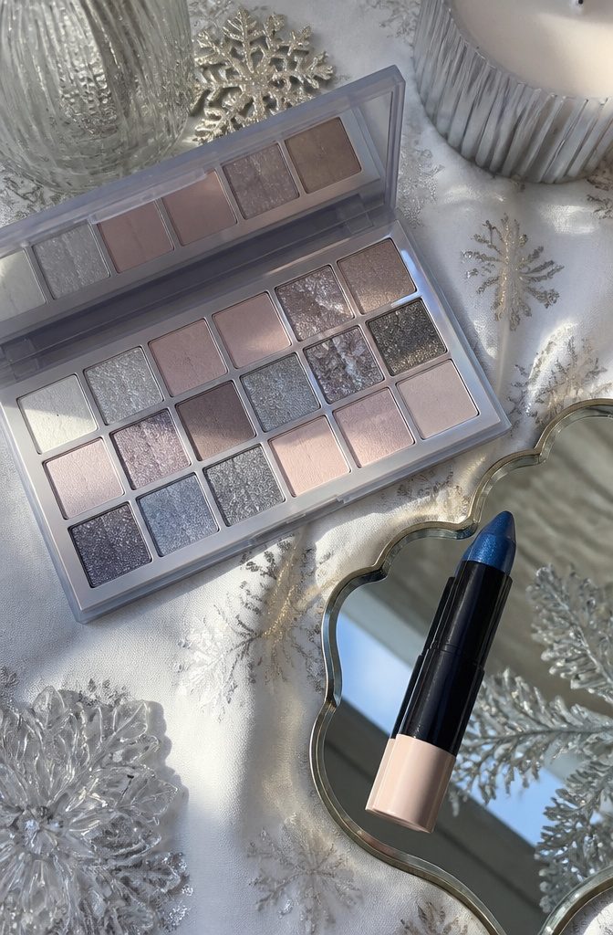 Various cool-toned eyeshadow palettes with frosty shades displayed.