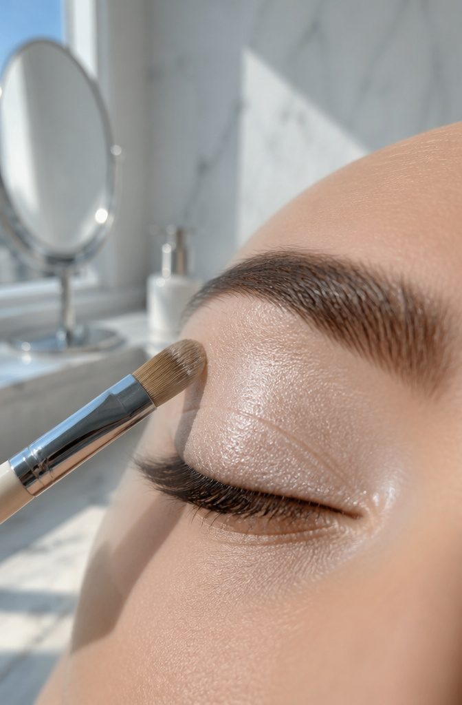 Model's eyelid with cream primer reflecting light for a snowy effect.