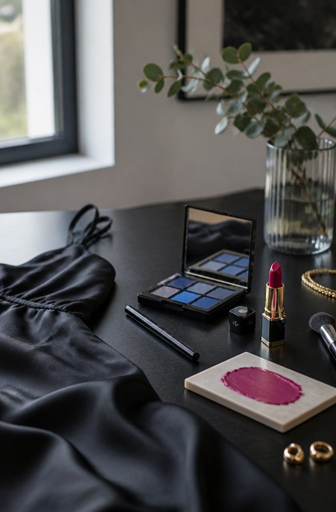 Vibrant makeup display featuring blue eyeshadow and fuchsia lip color.