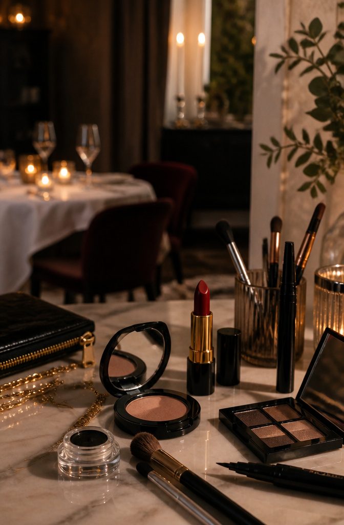 Makeup products arranged for date night with radiant skin and red lip.
