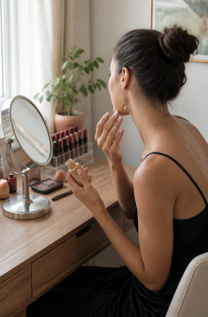 Model blending foundation at a well-organized makeup table.