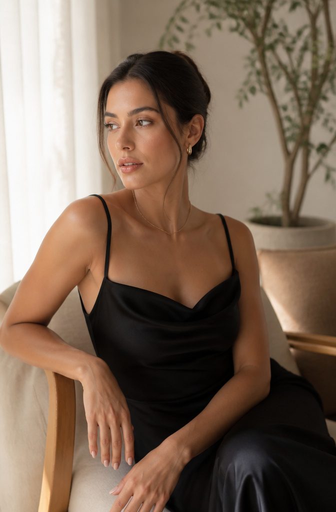 Model showcasing a natural makeup look with soft lighting.