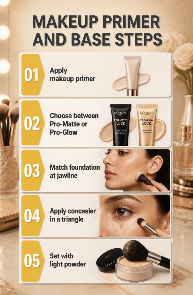 Information image on makeup primer and base steps for black dress.