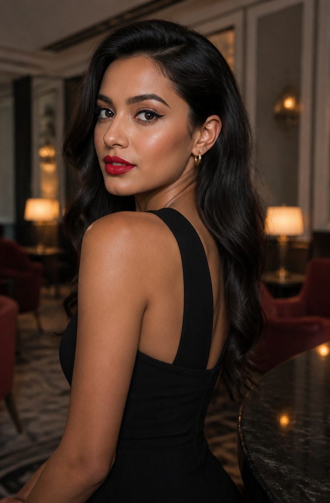Model with red lip and cat eye makeup in a softly lit lounge.