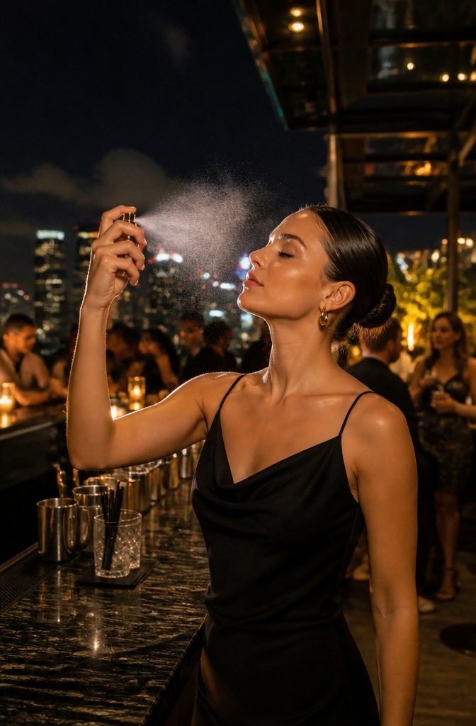 Model using setting spray at a rooftop bar with city skyline.