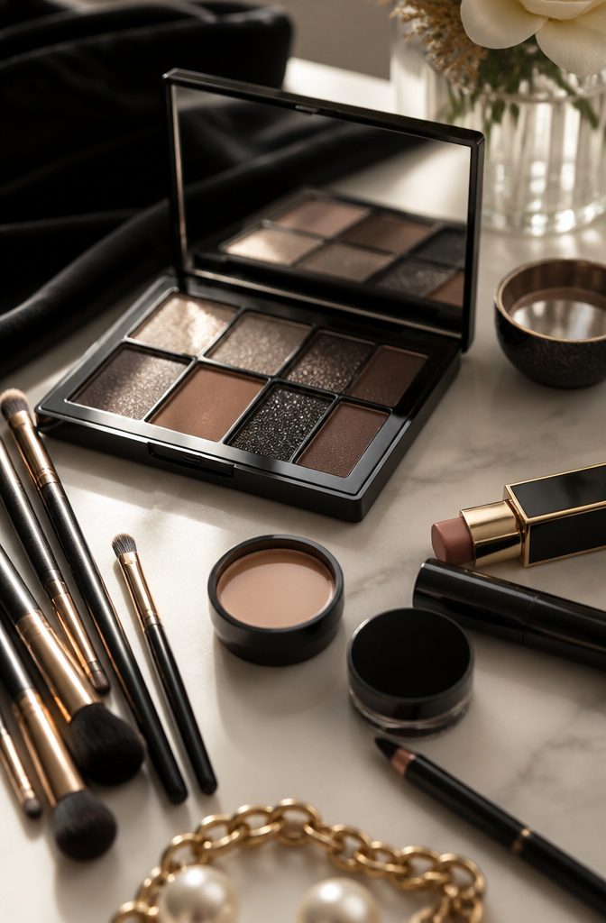 Makeup artist's palette showcasing smoky eye and nude lip products.
