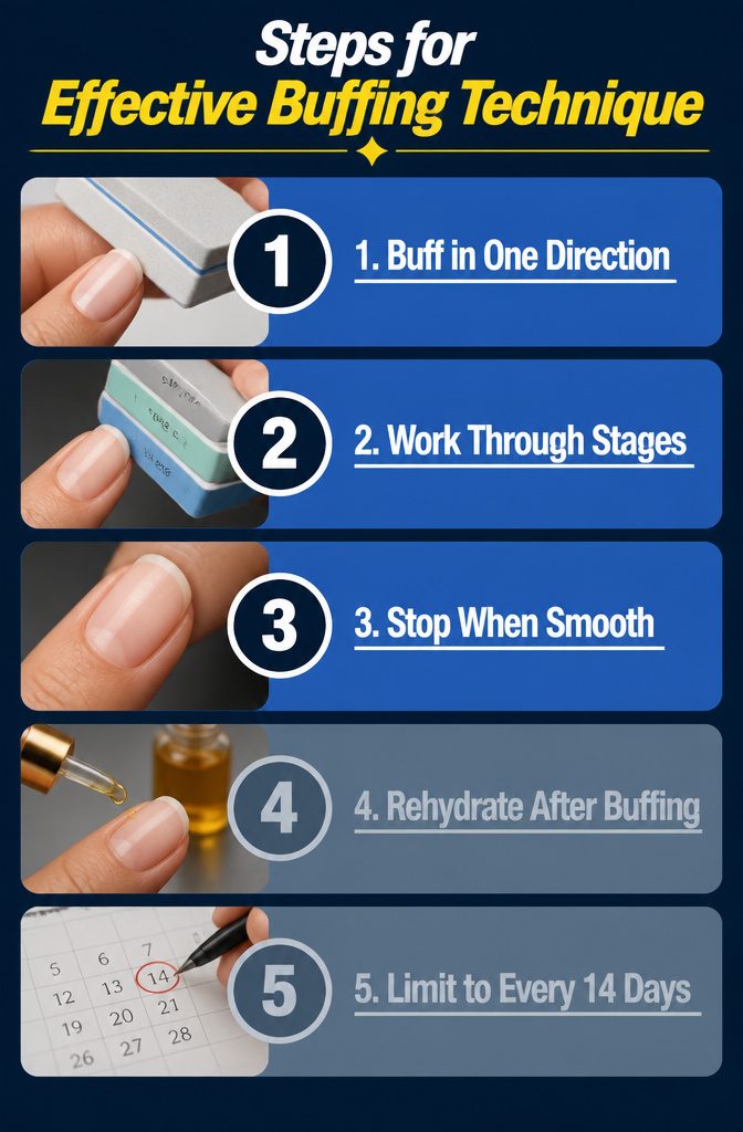 Steps for effective buffing technique displayed visually.