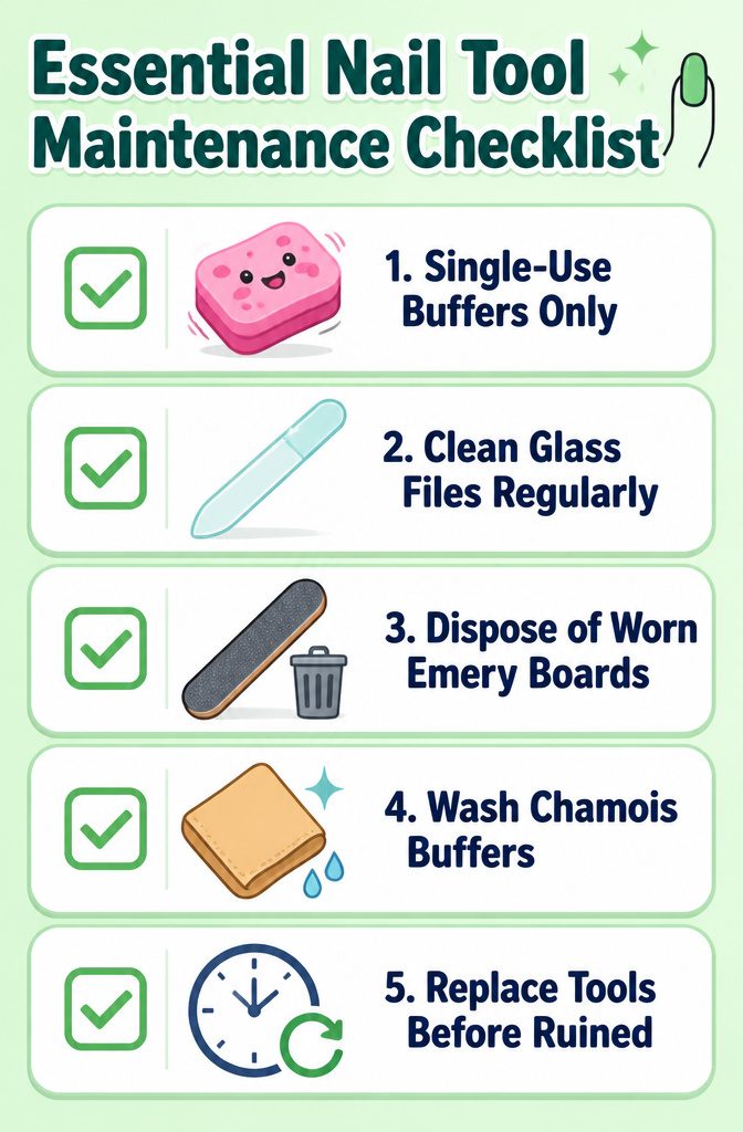 Checklist for cleaning and maintaining nail buffers and files.