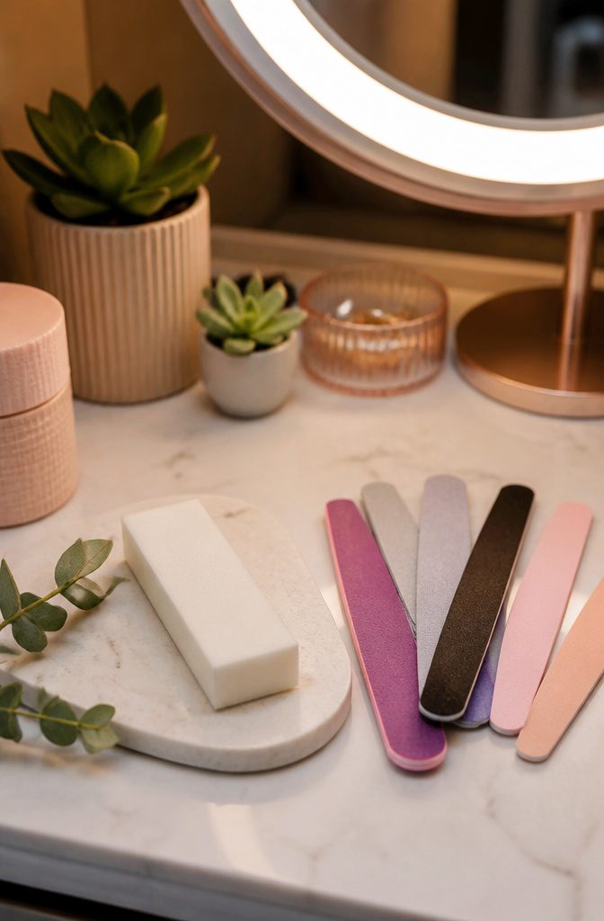 Nail buffer and files presented on a stylish vanity.
