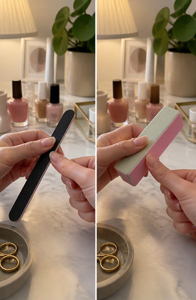 Close-up of a nail buffer and file illustrating their different jobs.