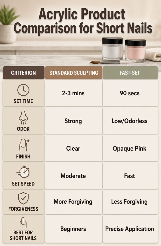 Acrylic Nail Extensions for Short Nails: 10 Steps for 2026 13 An image comparing different acrylic products for short nails.