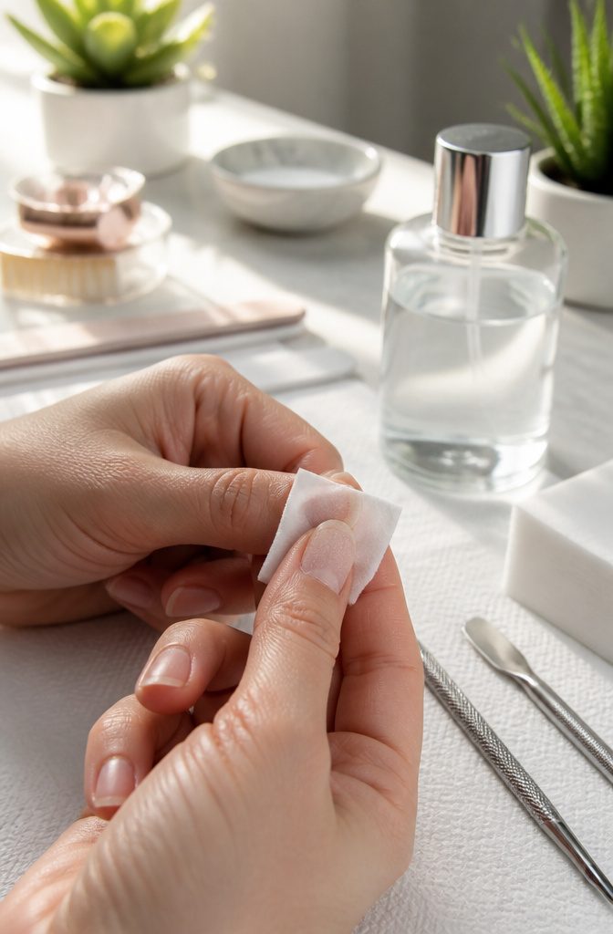 Acrylic Nail Extensions for Short Nails: 10 Steps for 2026 10 A hand cleaning a nail with a lint-free wipe soaked in acetone.