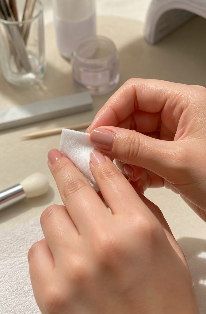 Acrylic Nail Extensions for Short Nails: 10 Steps for 2026 4 A hand cleaning a short nail with a lint-free pad.