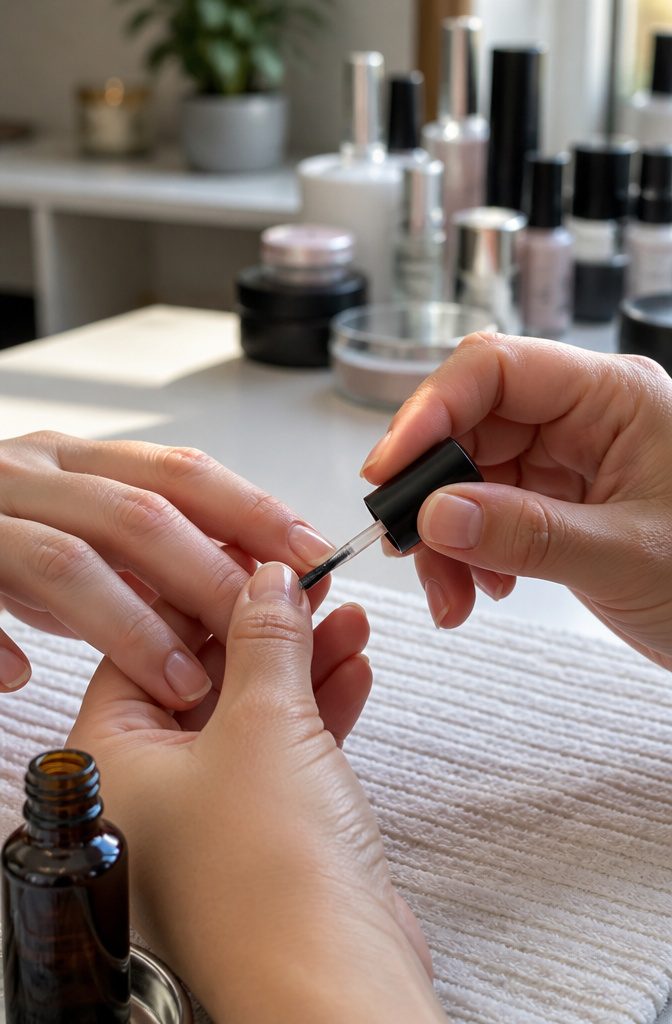Acrylic Nail Extensions for Short Nails: 10 Steps for 2026 5 A hand applying primer to a dehydrated short nail.