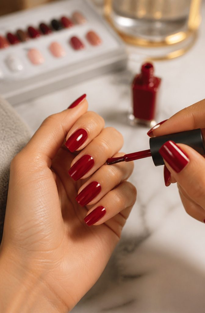 Acrylic Nail Extensions for Short Nails: 10 Steps for 2026 11 A hand applying polish over a solid acrylic nail extension.
