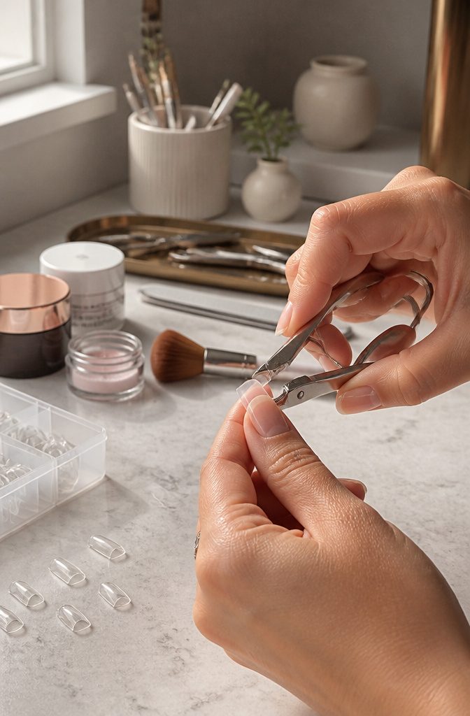 Acrylic Nail Extensions for Short Nails: 10 Steps for 2026 8 A hand using a pinch tool on the acrylic extension of a short nail.