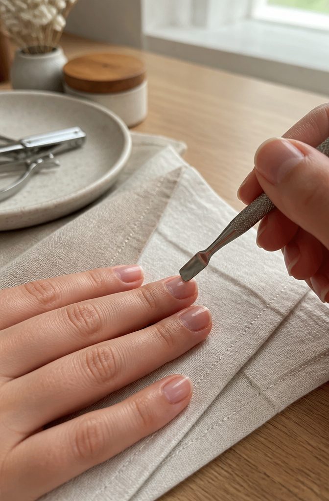 Acrylic Nail Extensions for Short Nails: 10 Steps for 2026 2 A cuticle pusher above a short, manicured set of nails.