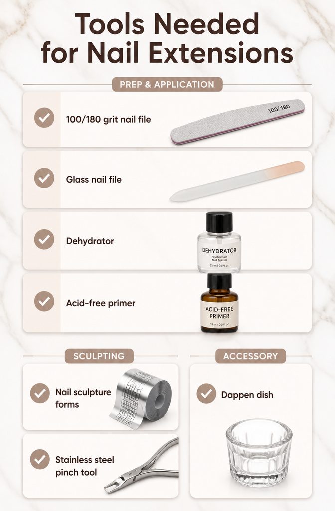 Acrylic Nail Extensions for Short Nails: 10 Steps for 2026 14 An assortment of tools required for nail extensions on short nails.
