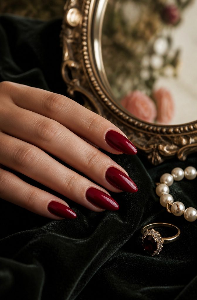Ruby red almond nails on dark velvet fabric.