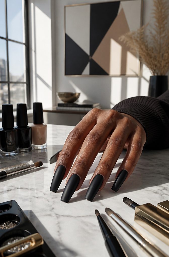Matte black coffin nails on a marble countertop.