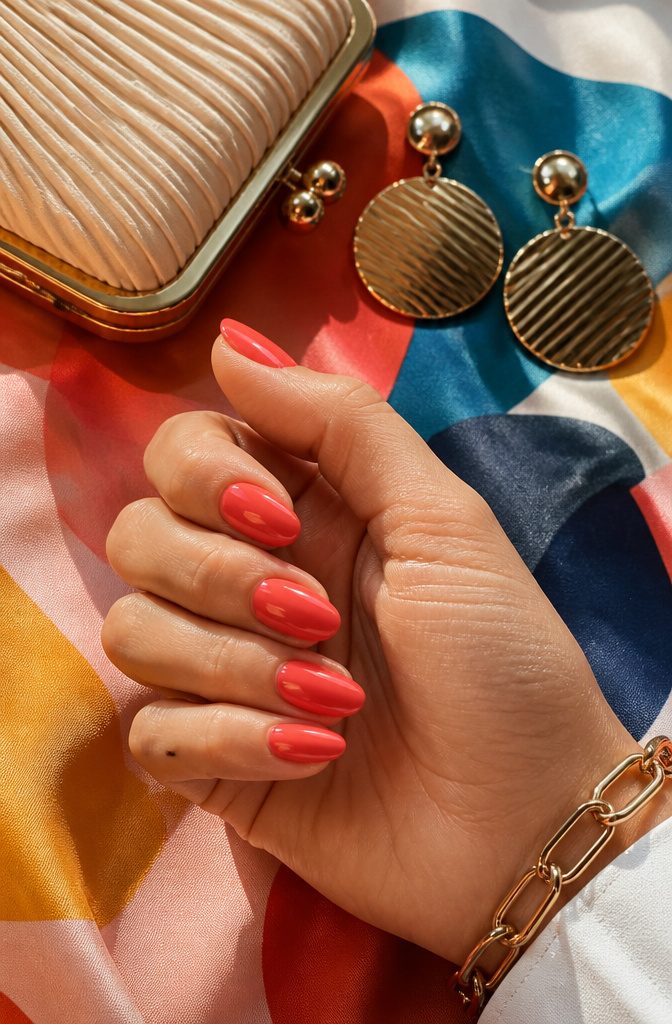 Lipstick nails painted in vibrant coral on a color-splashed background.