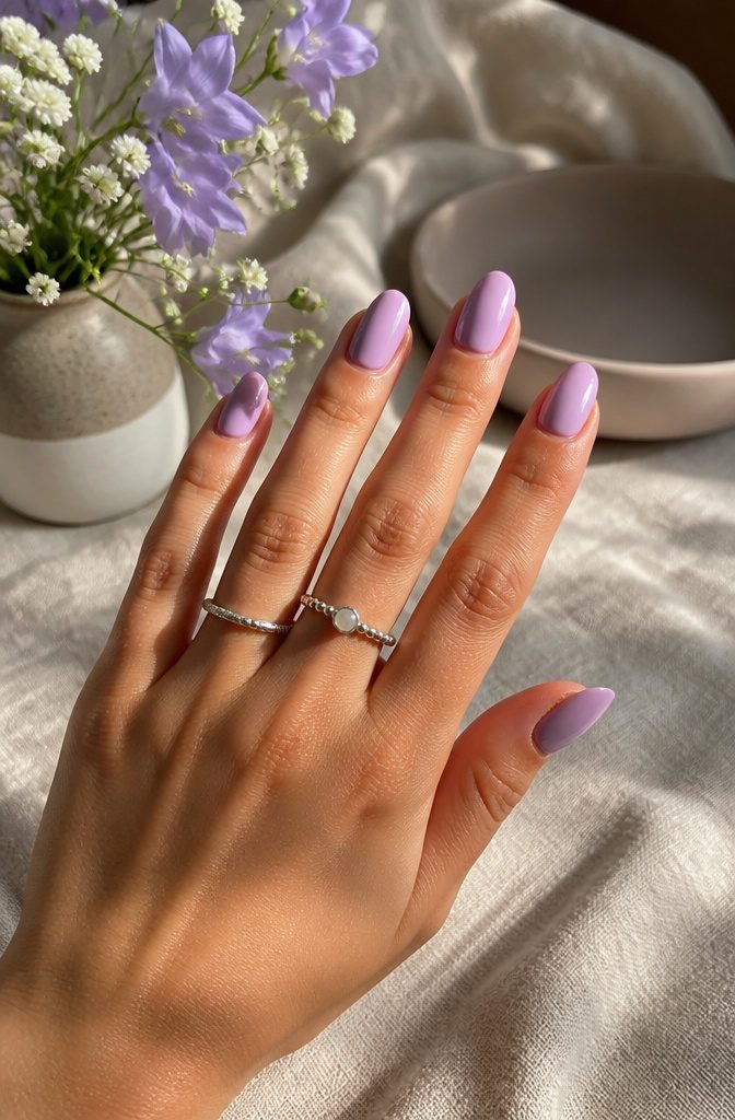 Pastel lilac oval nails on a textured linen backdrop.