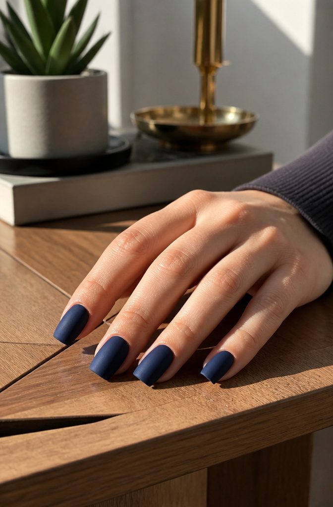 Square nails with a matte navy finish on a wooden table.