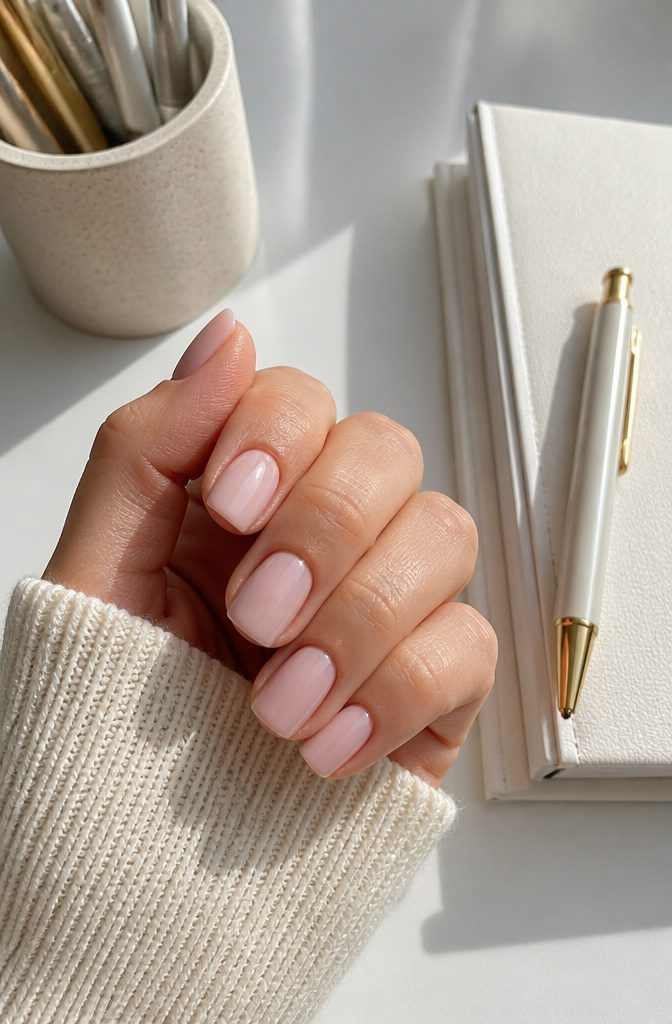 Squoval nails on a minimalist white workspace.