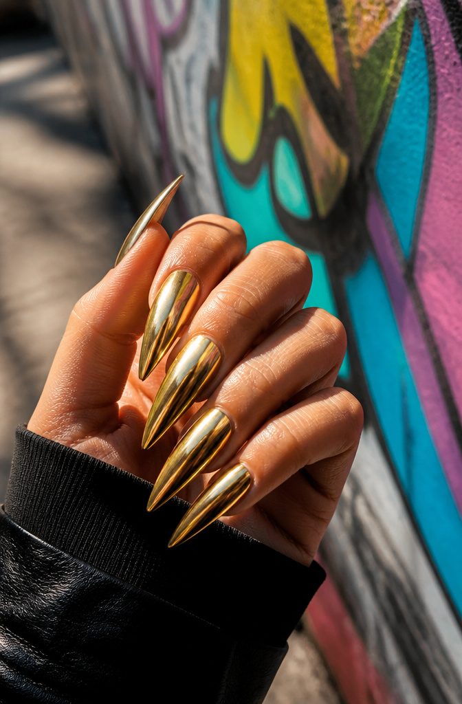 Metallic gold stiletto nails against a graffiti-style background.