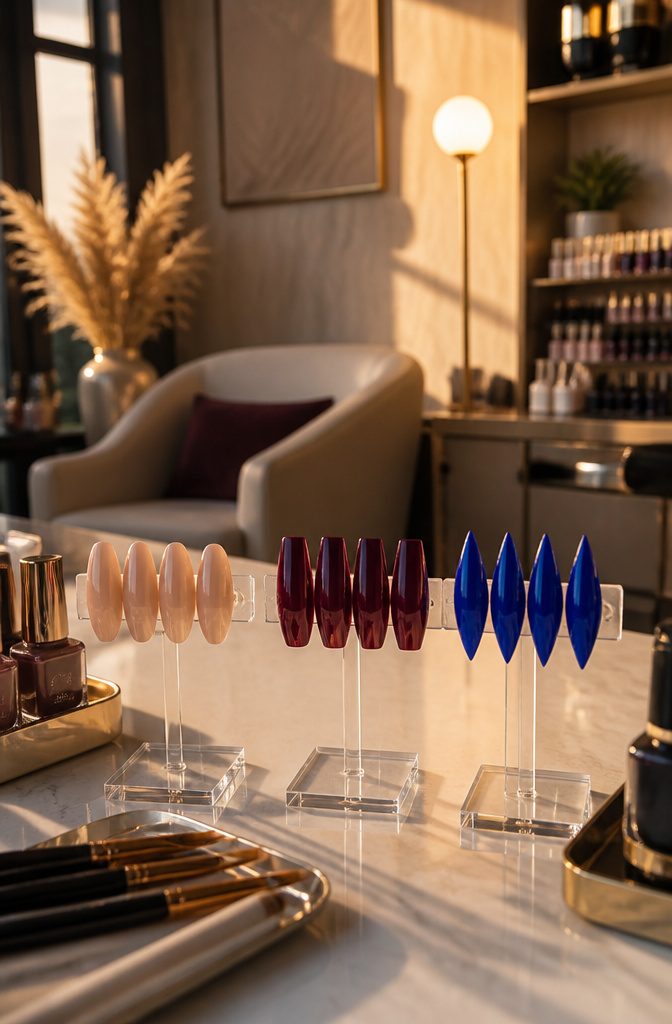 Almond, coffin, and stiletto nails in a salon setting.