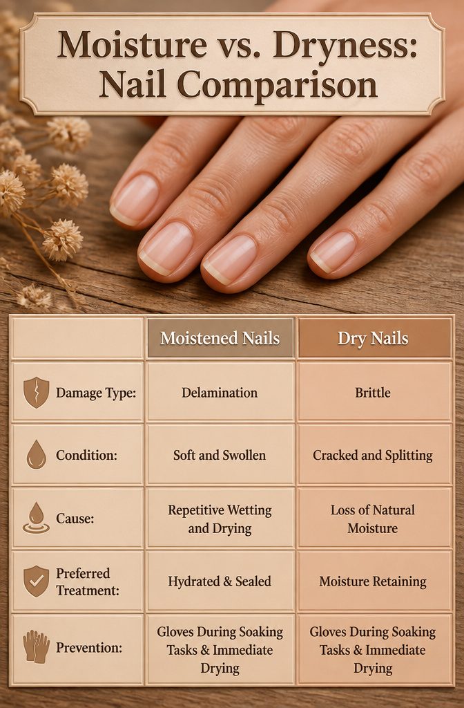 Comparison image illustrating moisture-damaged versus dry nails.