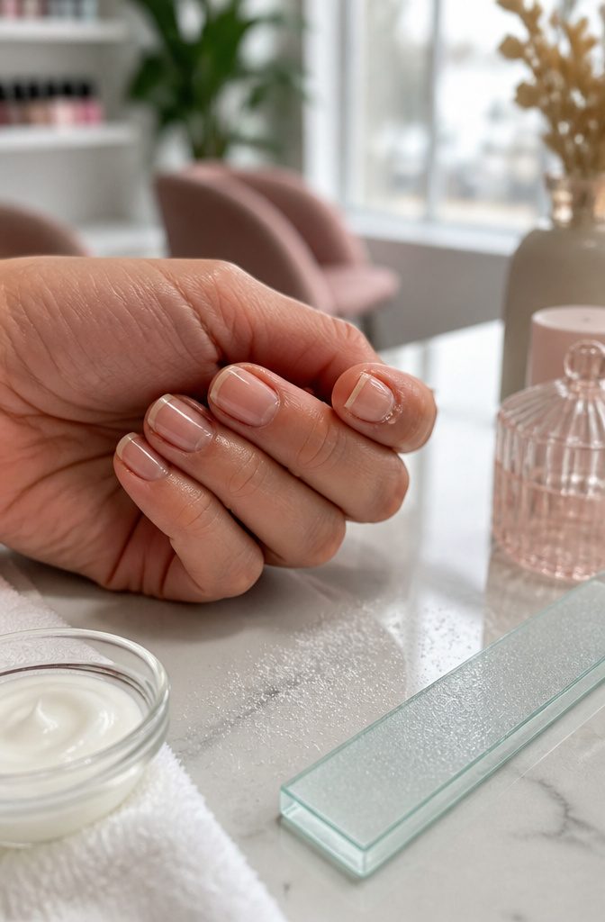 Set of nails on a table with visible flaking and a glass nail buffer.