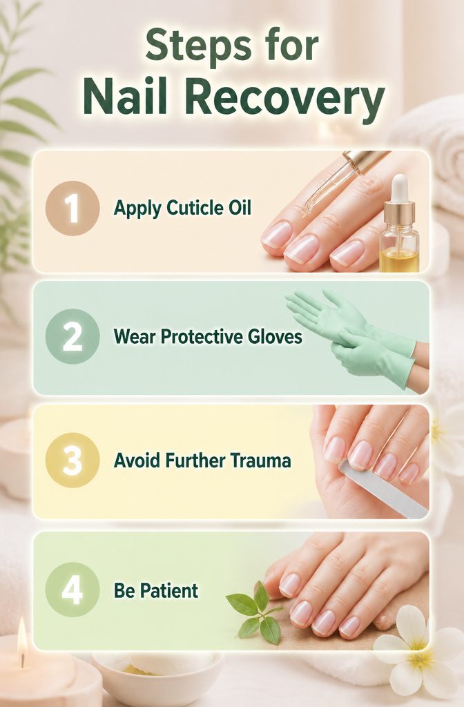 Steps for nail recovery displayed on a table.