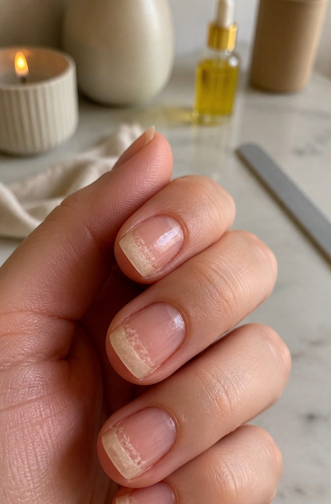 Close-up of fingernails with visible flaking and separation at the free edge.