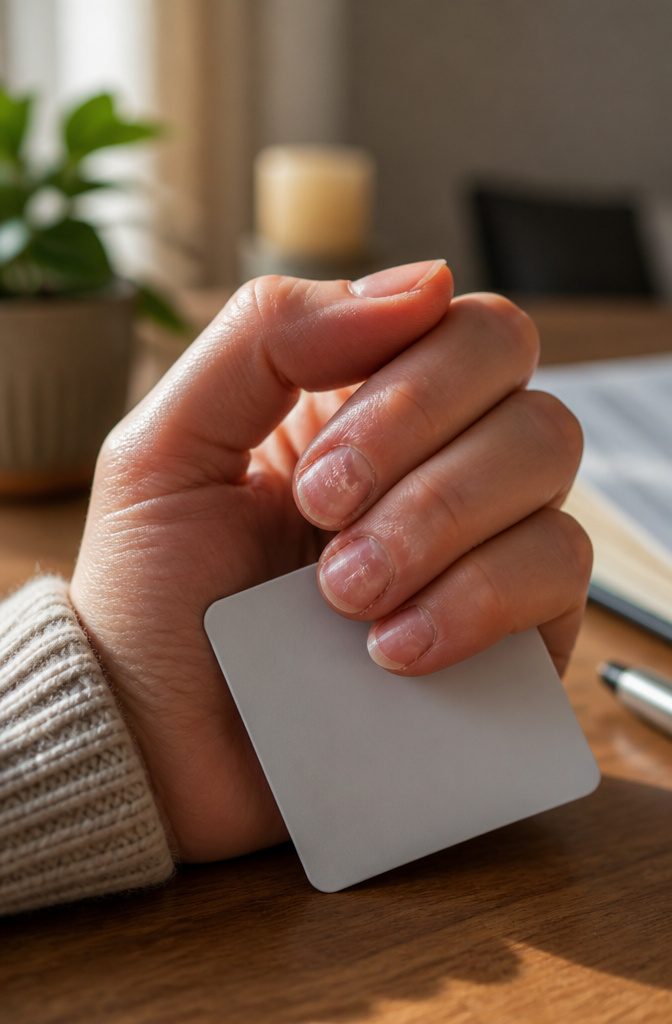 Image of a medical professional examining nails for peeling and damage.