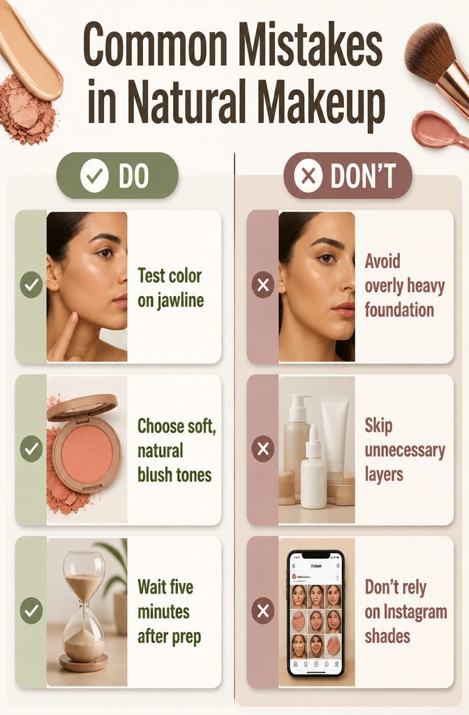 Natural Basic Makeup: A 10-Step Guide for 2026 15 Image showing common mistakes in natural makeup application.